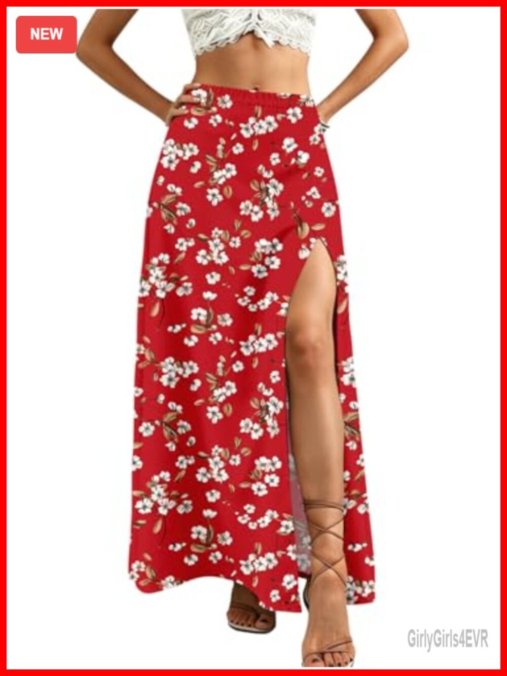 Women Boho Floral Slit Maxi Skirt High Waisted A-Line Long Polyester